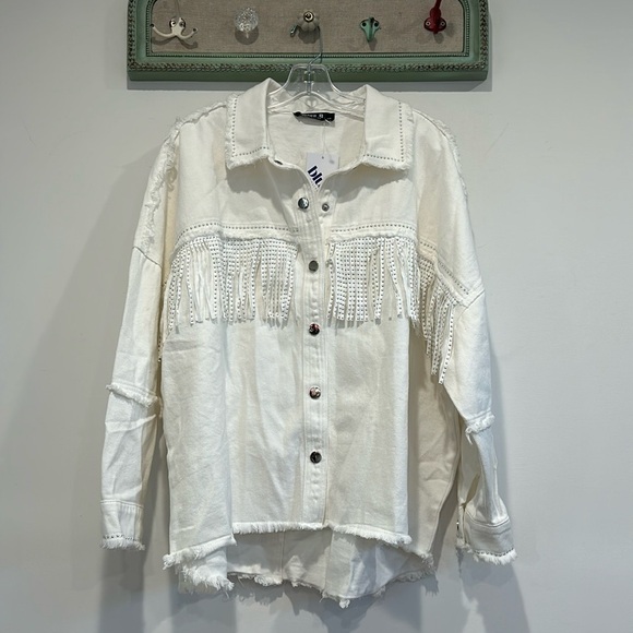 Jackets & Blazers - Blue B front fringe sparkle cotton western jacket plus size XXL white women’s